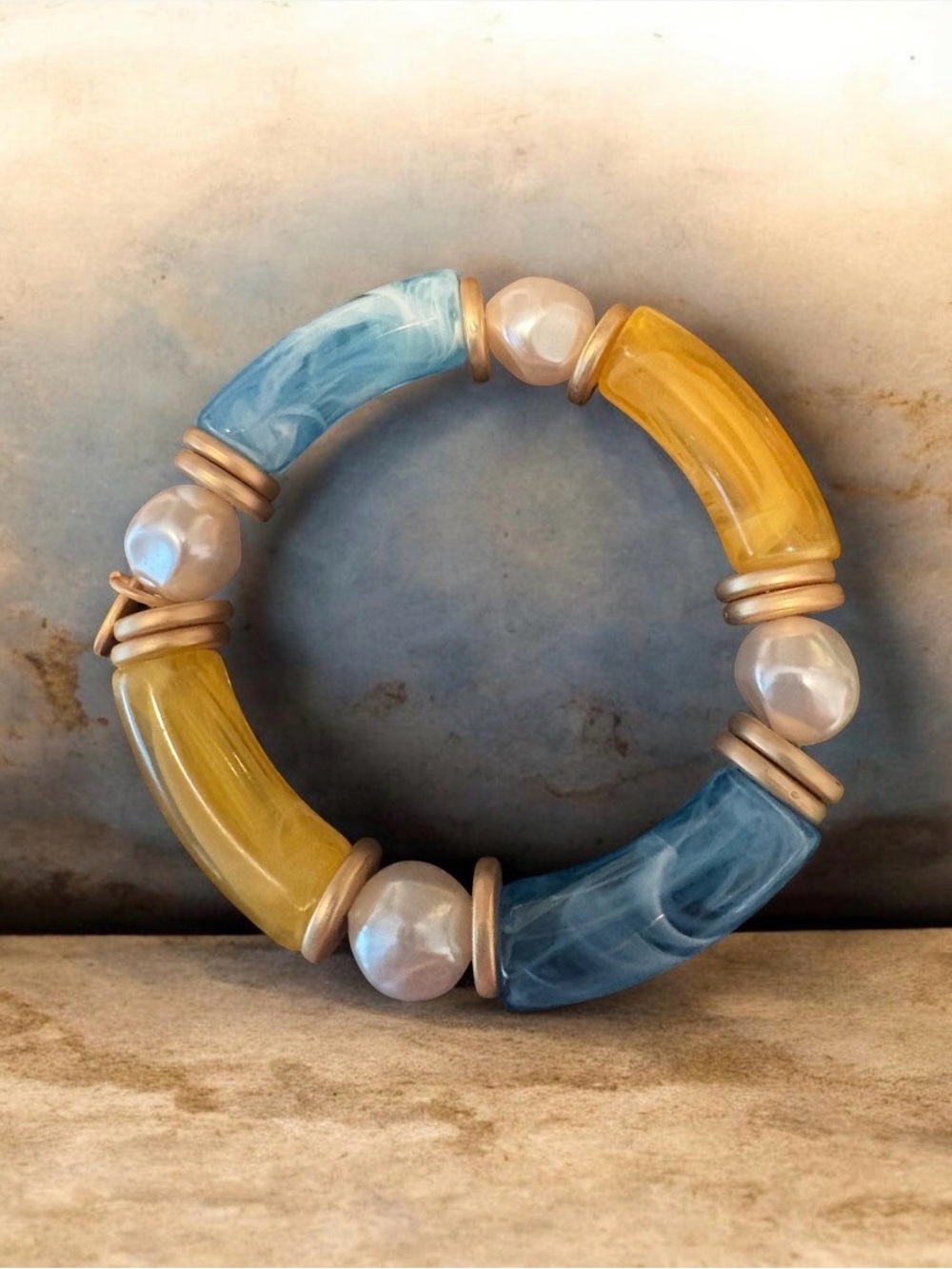 Plunder Multicolor Beaded Stretch Bracelet with Blue, Gold & Pearl Beads
